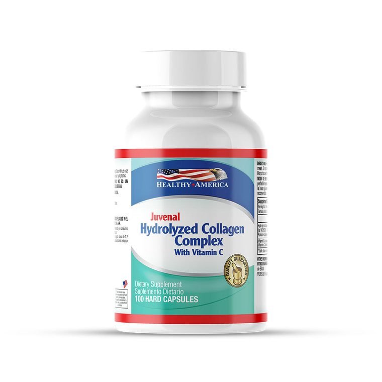 Frasco de colágeno hidrolizado 1.500 mg con vitamina C de Healthy America, presentación de 100 cápsulas