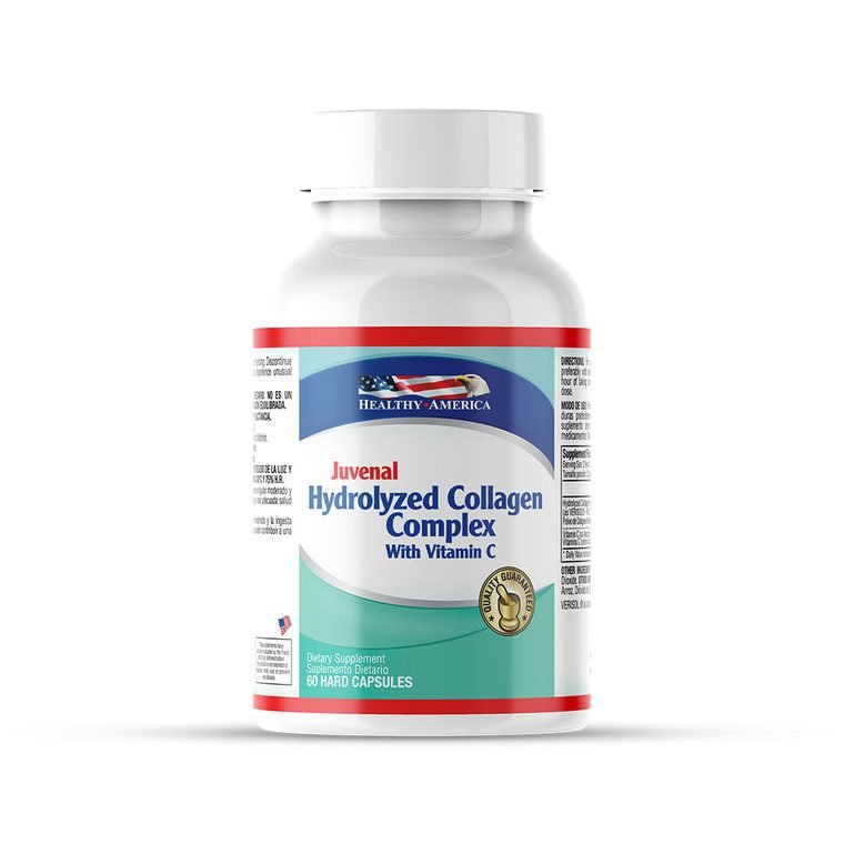 Frasco de colágeno hidrolizado 1.500 mg con vitamina C de Healthy America, presentación de 60 cápsulas