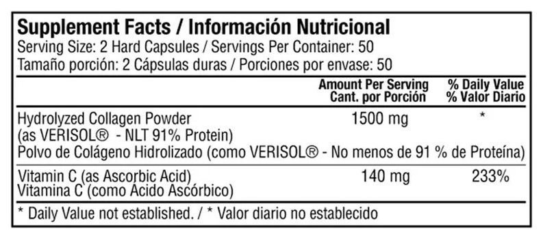 Para qué sirve el colágeno hidrolizado y cómo se toma Tabla nutricional del colágeno hidrolizado con vitamina C: 1.500 mg de colágeno Verisol y 140 mg de vitamina C por porción de dos cápsulas