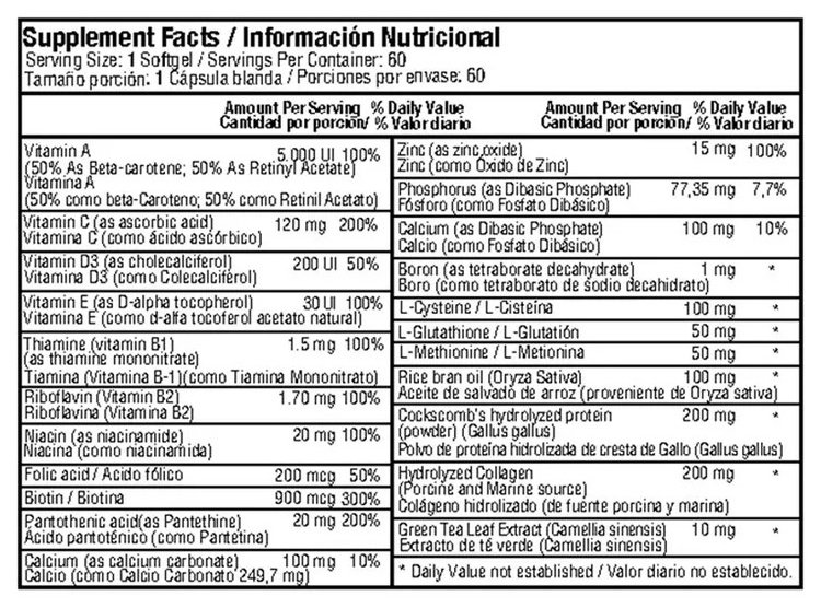 Para qué sirve el colágeno hidrolizado y cómo se toma Tabla nutricional de Collagen and Biotin Complex: 900 mcg de biotina, 15 mg de zinc, vitaminas del complejo B y 200 mg de colágeno hidrolizado por cápsula blanda